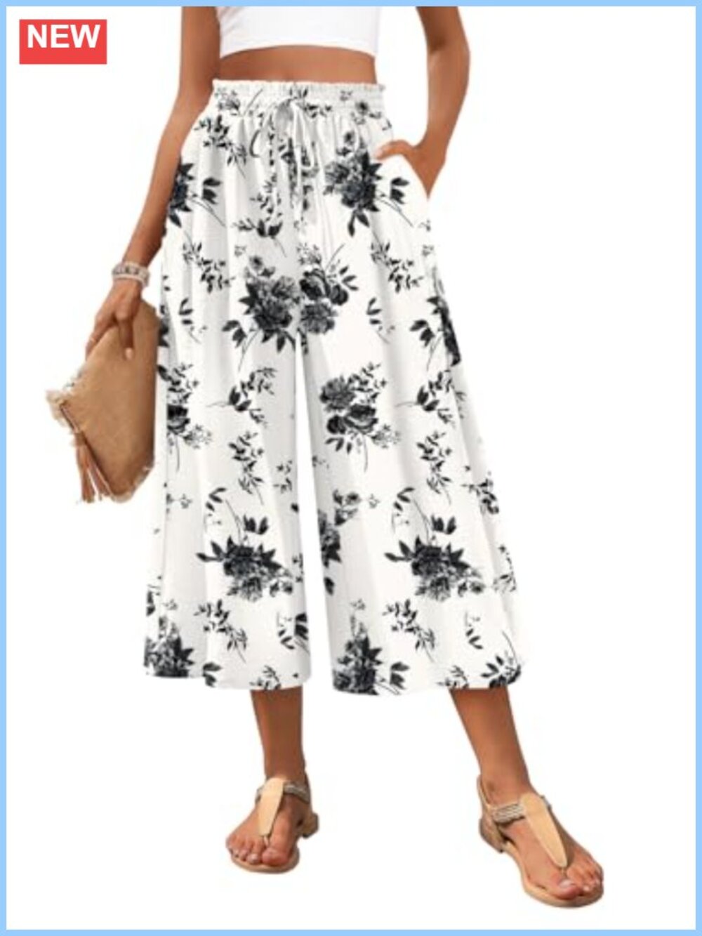 Womens High Rise Wide Leg Palazzo Capri Pants Flow with Pockets Summer